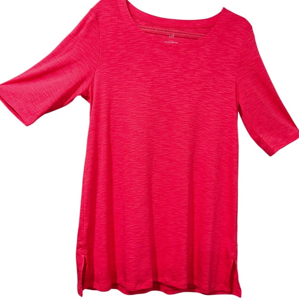 J. Jill Scoop Neck Guava Side Slit Tee Small Pink Pima Slub Elbow Sleeve Top
